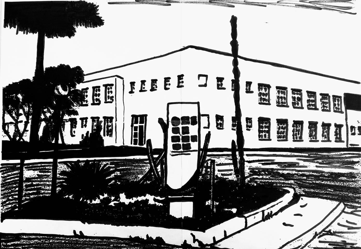 Desenho do IFMG campus Arcos feito com tinta preta sobre papel branco.