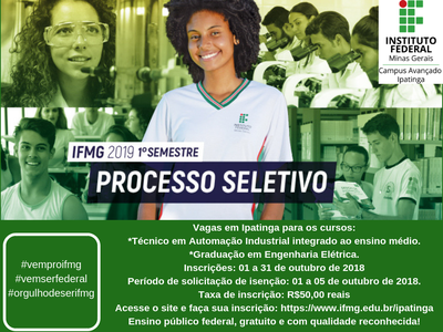 IFMG Campus Ipatinga abre inscrições para o Vestibular 2019!!!!