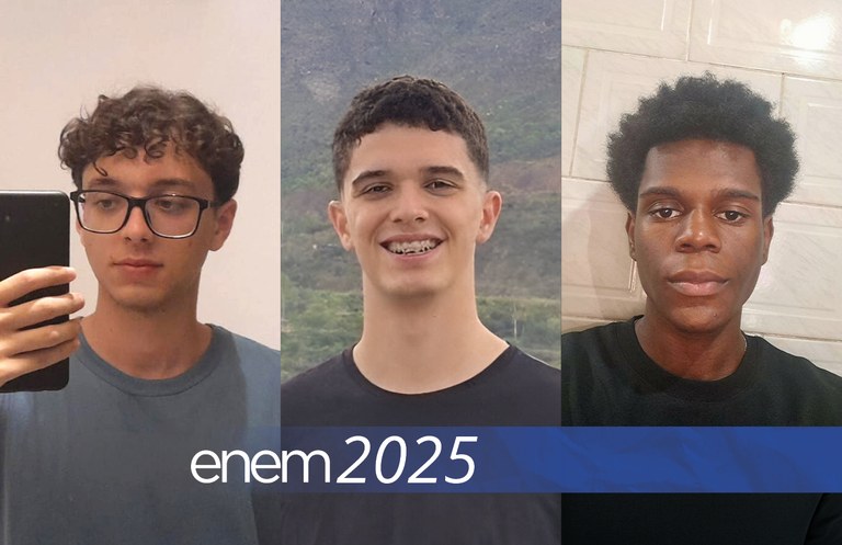 Miguel, João Lucas e Murillo, alunos que obtiveram os melhores resultados no Enem 2025