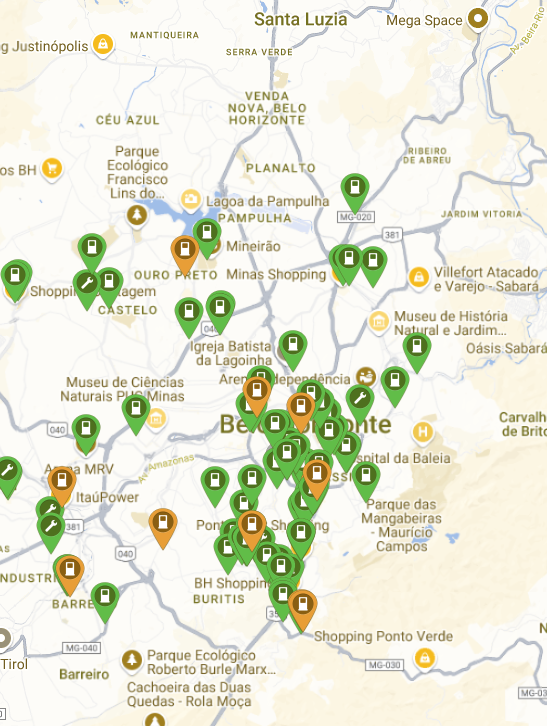 Eletropostos atualmente existentes em Belo Horizonte (PlugShare, maio/2025)
