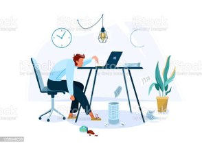 Burnout concept vector background. Tired male office worker sitting on the chair and trying work at the computer. Business flat cartoon illustration isolated on white backdrop.